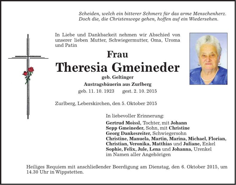 Traueranzeige Theresia Gmeineder