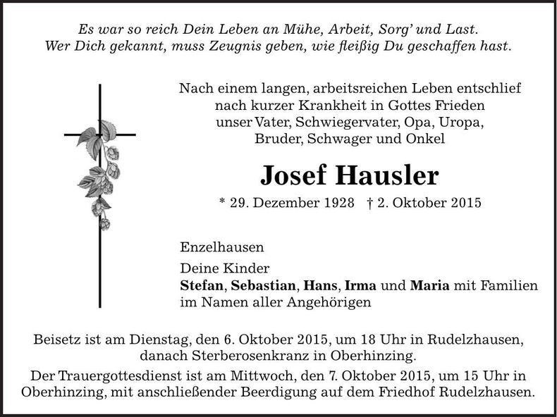 Traueranzeige Josef Hausler
