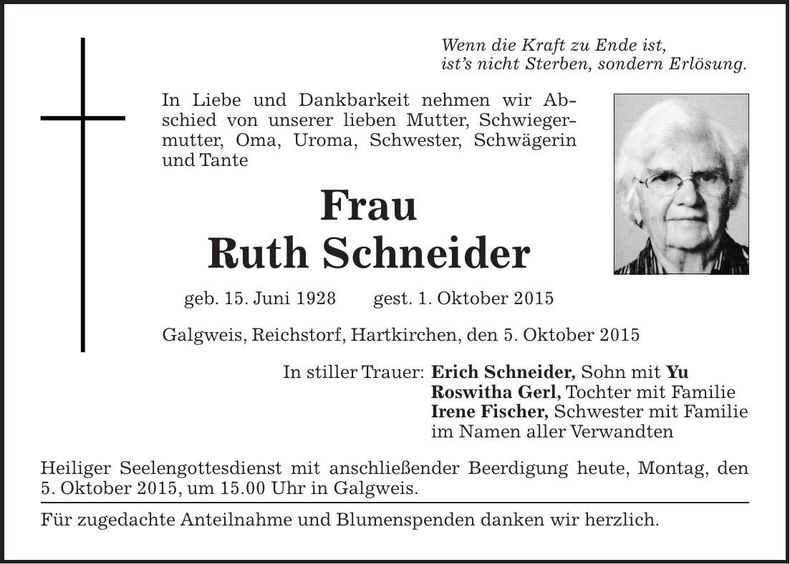 Traueranzeige Ruth Schneider