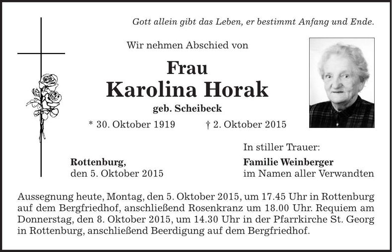 Traueranzeige Karolina Horak