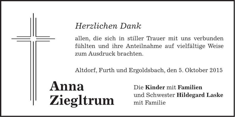 Traueranzeige Anna Ziegltrum