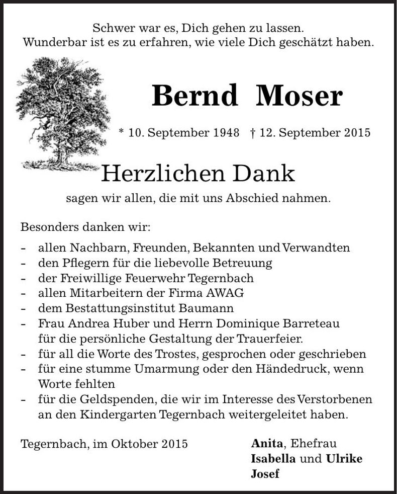 Traueranzeige Bernd Moser