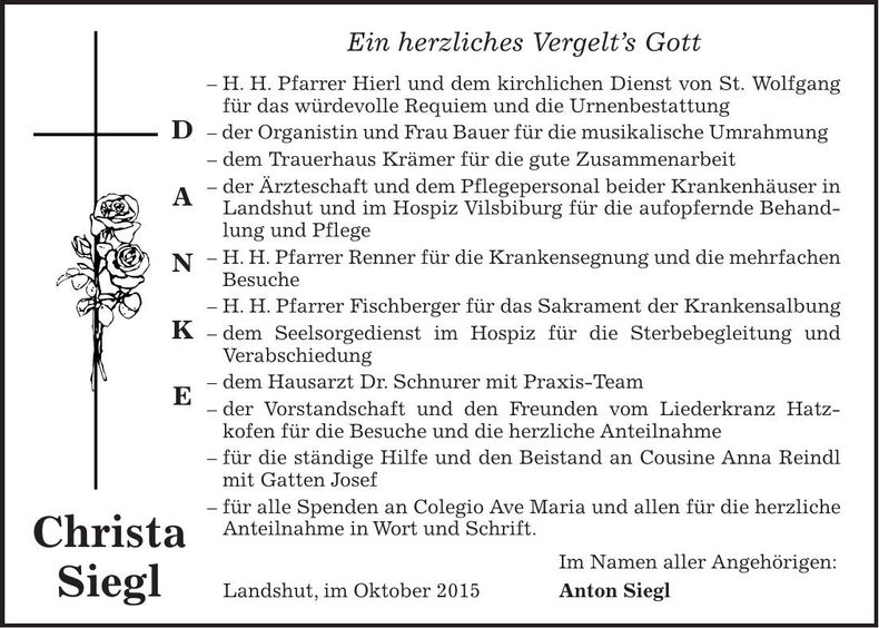 Traueranzeige Christa Siegl