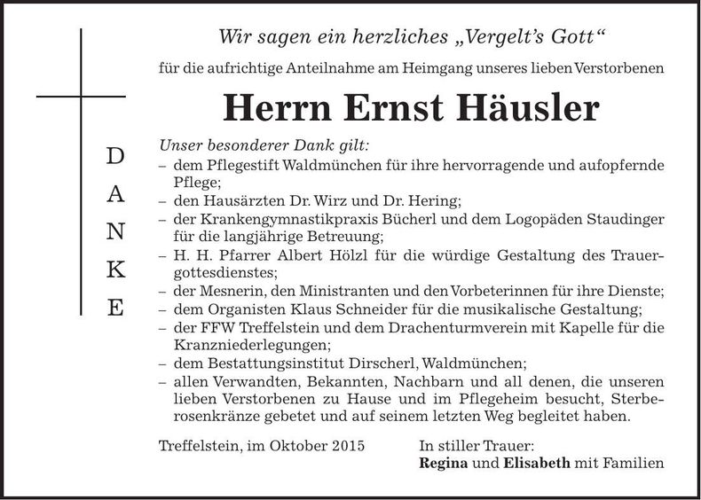 Traueranzeige Ernst Häusler