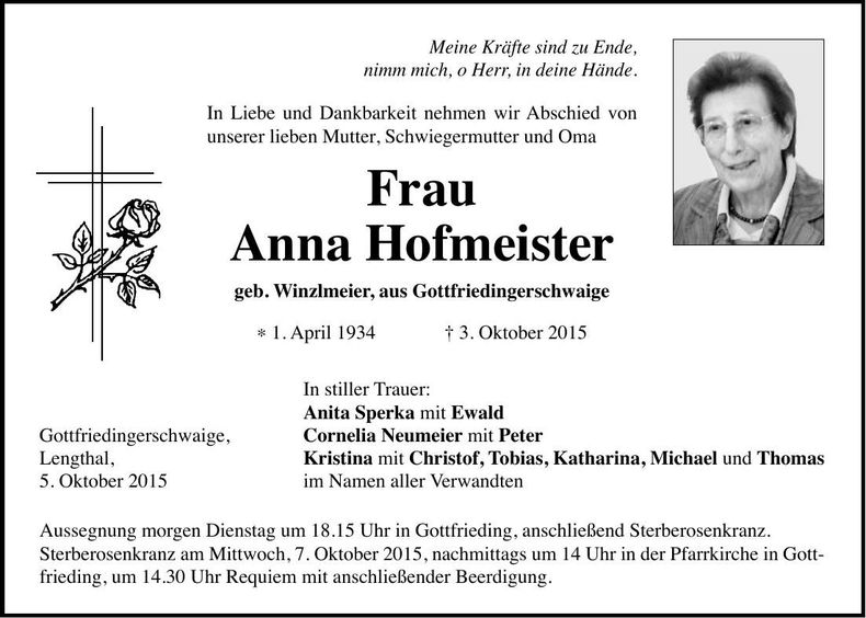 Traueranzeige Anna Hofmeister