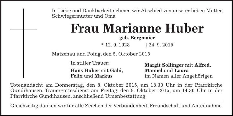 Traueranzeige Marianne Huber