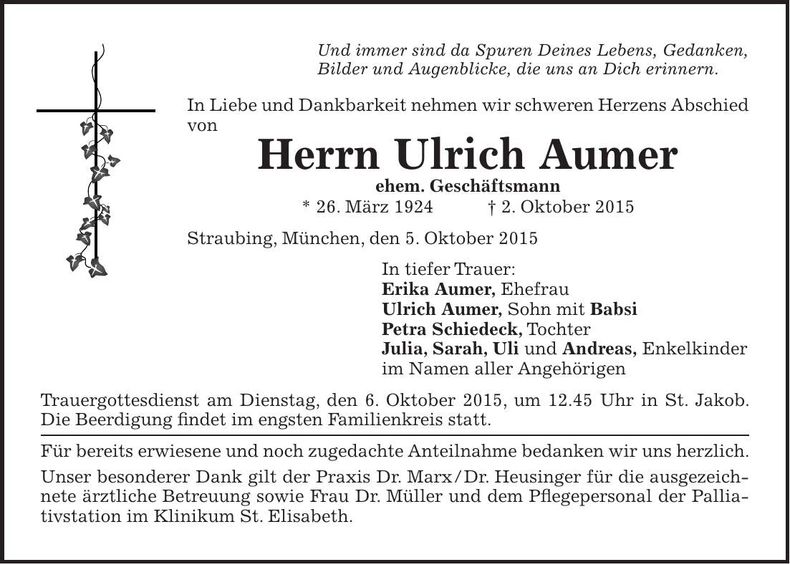 Traueranzeige Ulrich Aumer