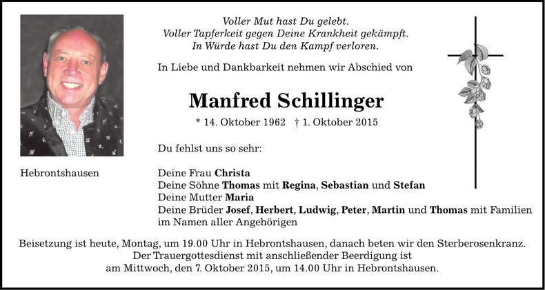 Traueranzeige Manfred Schillinger