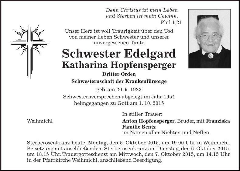 Traueranzeige Schwester Edelgard Hopfensperger Katharina