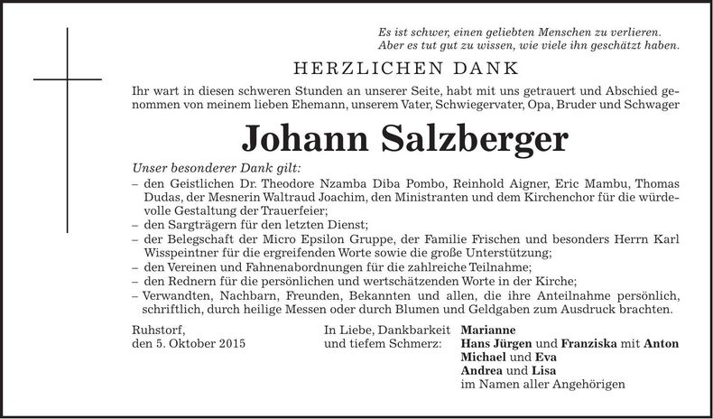 Traueranzeige Johann Salzberger