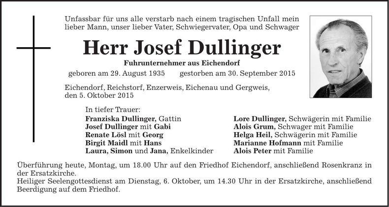 Traueranzeige Josef Dullinger