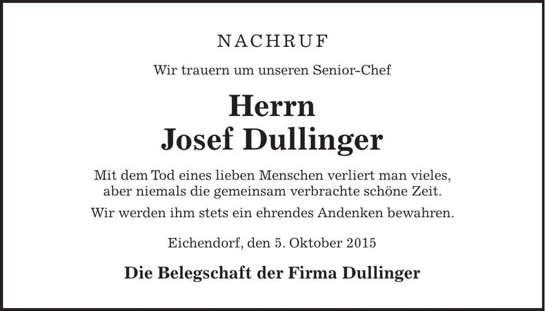 Traueranzeige Josef Dullinger