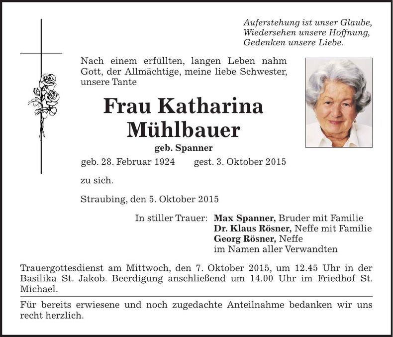 Traueranzeige Katharina Mühlbauer