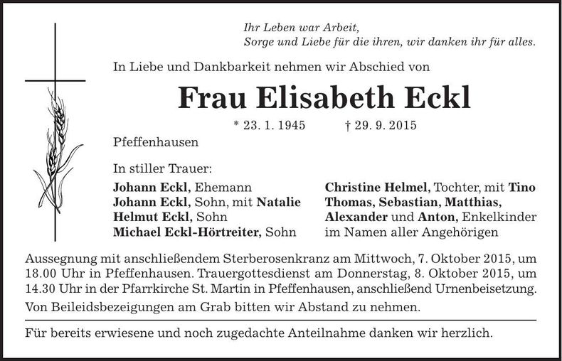 Traueranzeige Elisabeth Eckl