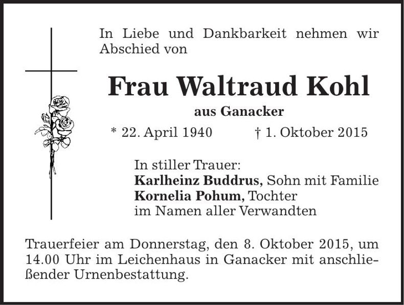 Traueranzeige Waltraud Kohl
