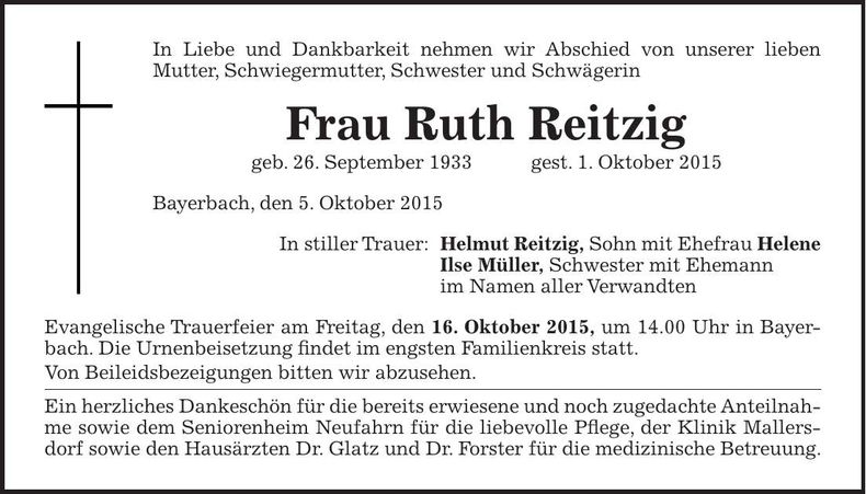 Traueranzeige Ruth Reitzig