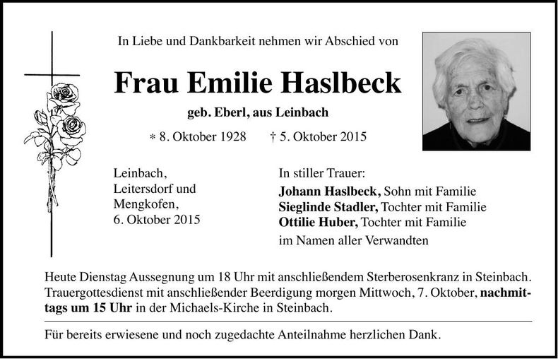 Traueranzeige Emilie Haslbeck
