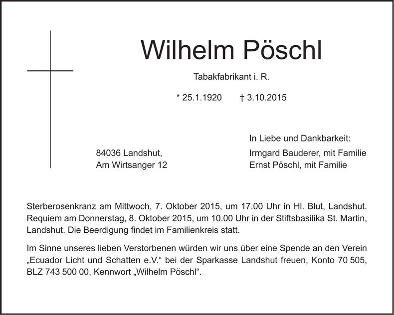 Traueranzeige Wilhelm Pöschl