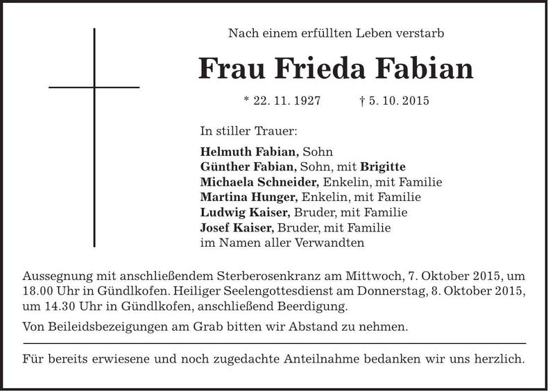 Traueranzeige Frieda Fabian