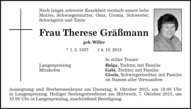Traueranzeige Therese Gräßmann