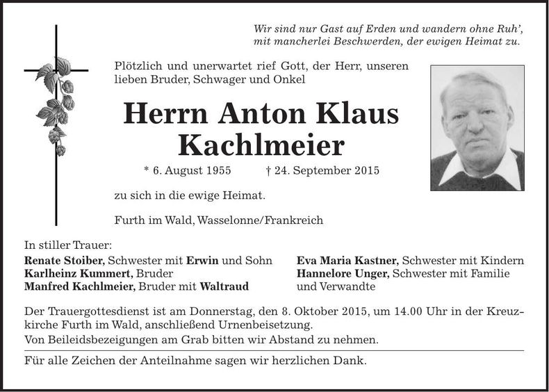Traueranzeige Anton Klaus Kachlmeier