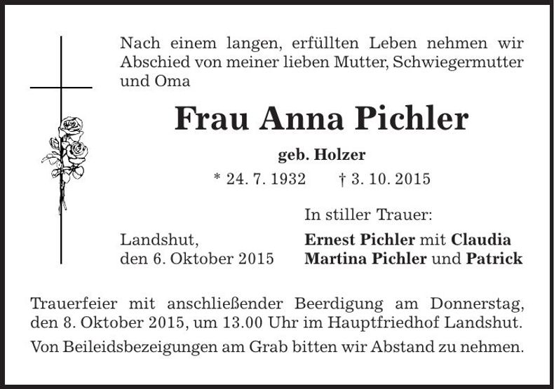 Traueranzeige Anna Pichler