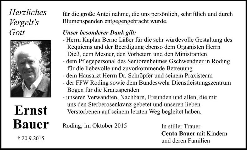 Traueranzeige Ernst Bauer