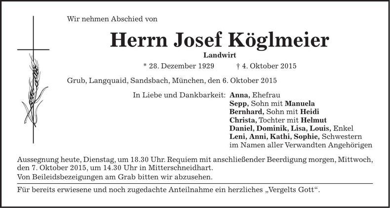 Traueranzeige Josef Köglmeier