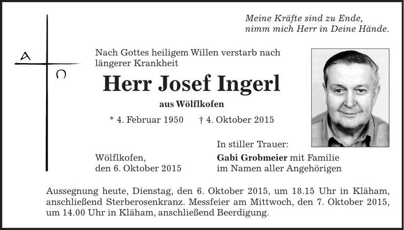 Traueranzeige Josef Ingerl