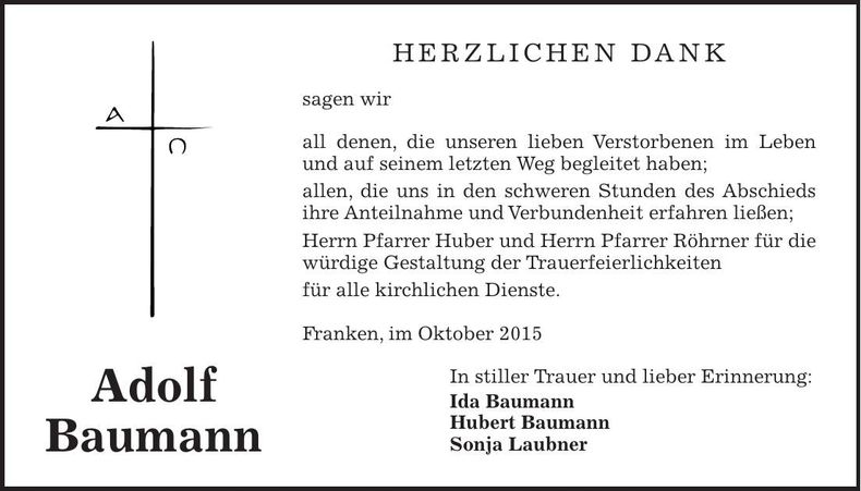 Traueranzeige Adolf Baumann