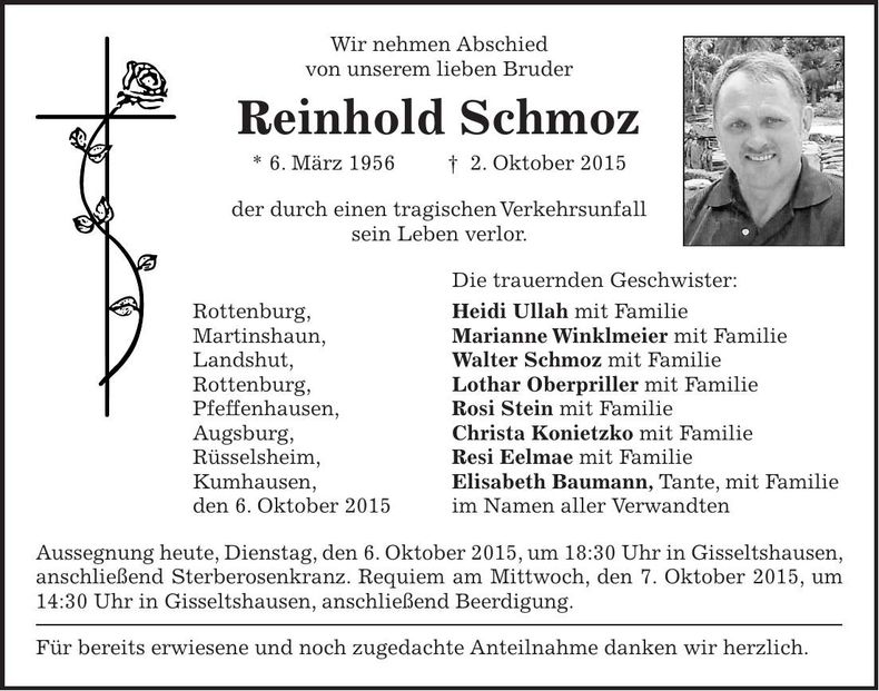 Traueranzeige Reinhold Schmoz