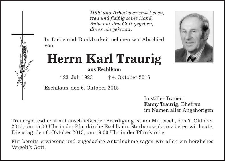 Traueranzeige Karl Traurig
