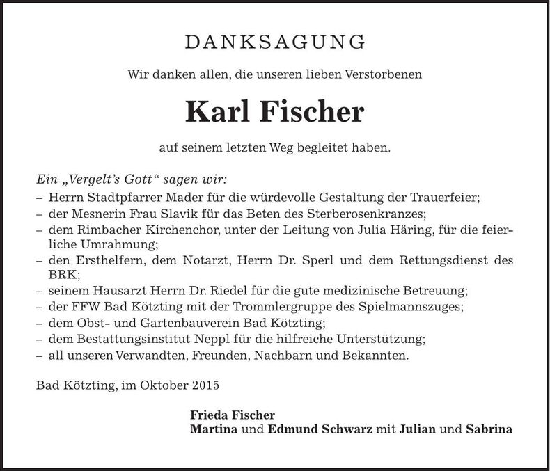 Traueranzeige Karl Fischer