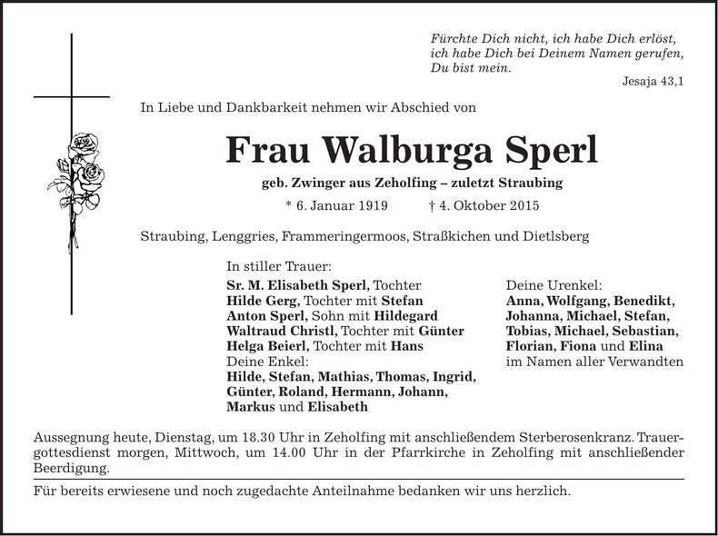 Traueranzeige Walburga Sperl