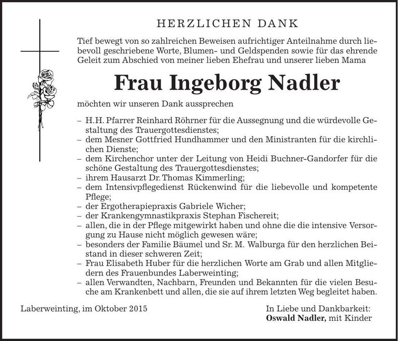 Traueranzeige Ingeborg Nadler