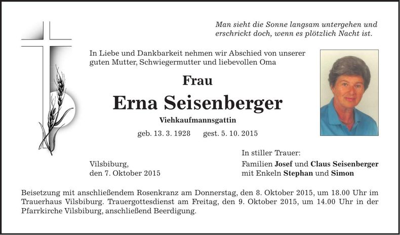 Traueranzeige Erna Seisenberger