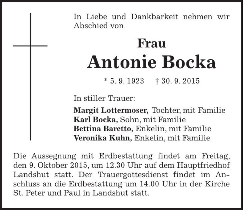Traueranzeige Antonie Bocka