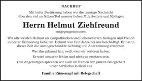 Traueranzeige Helmut Ziehfreund