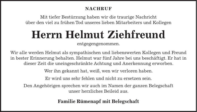 Traueranzeige Helmut Ziehfreund