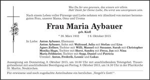 Traueranzeige Maria Aybauer