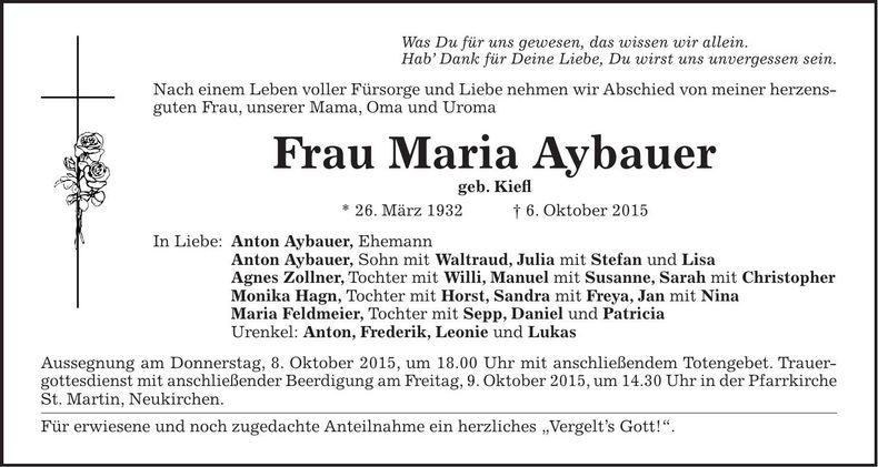 Traueranzeige Maria Aybauer