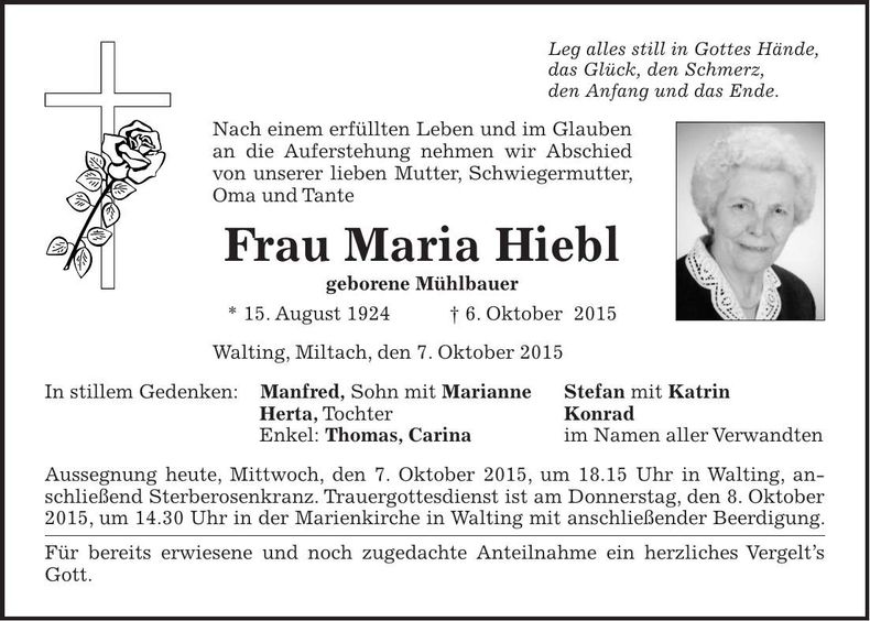 Traueranzeige Maria Hiebl