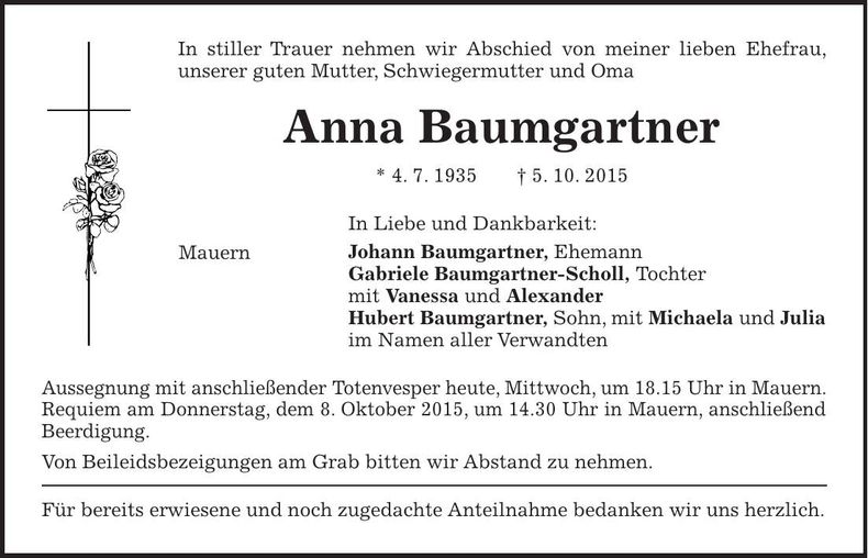 Traueranzeige Anna Baumgartner