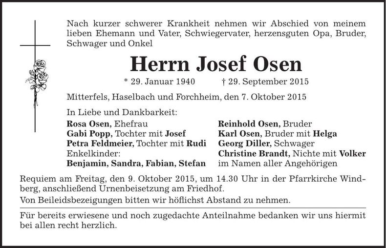 Traueranzeige Josef Osen