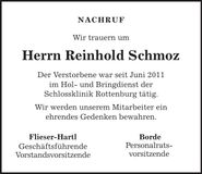 Traueranzeige Reinhold Schmoz