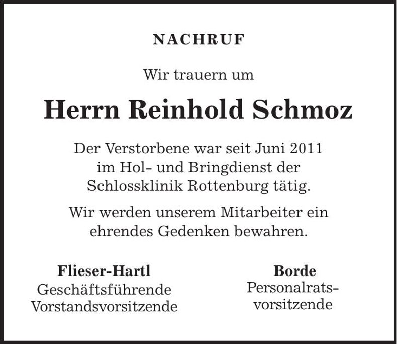 Traueranzeige Reinhold Schmoz