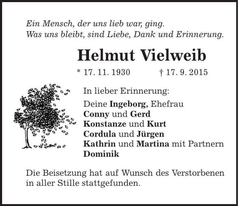 Traueranzeige Helmut Vielweib