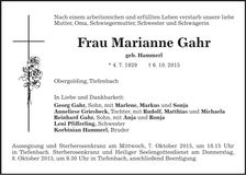 Traueranzeige Marianne Gahr