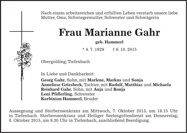 Traueranzeige Marianne Gahr