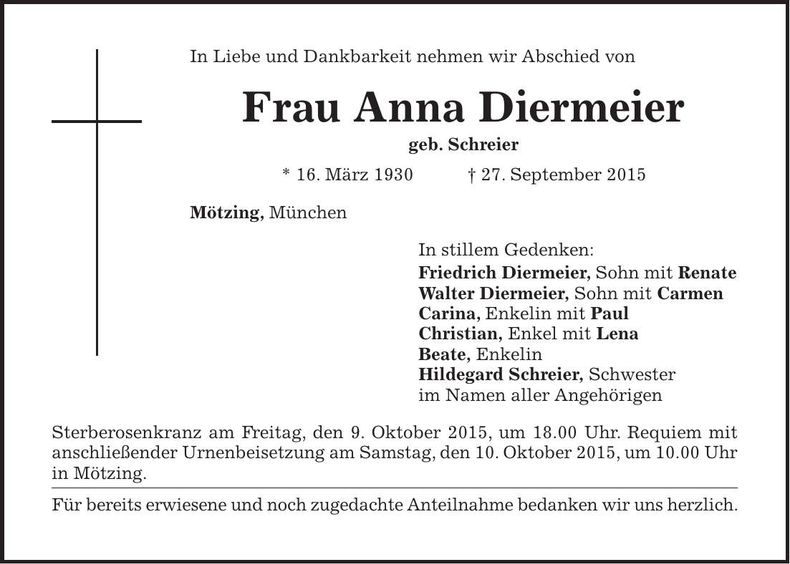 Traueranzeige Anna Diermeier